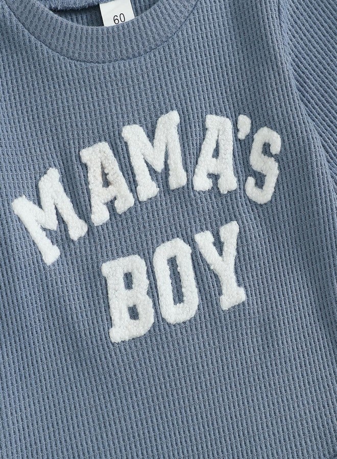 MERSARIPHY Newborn Baby Boy Fall Winter Clothes Mama's Boy Little Dude Outfit Embroidery Waffle Knit Romper Pants Sets, Blue-mama's Boy, 3-6 months - Image 5