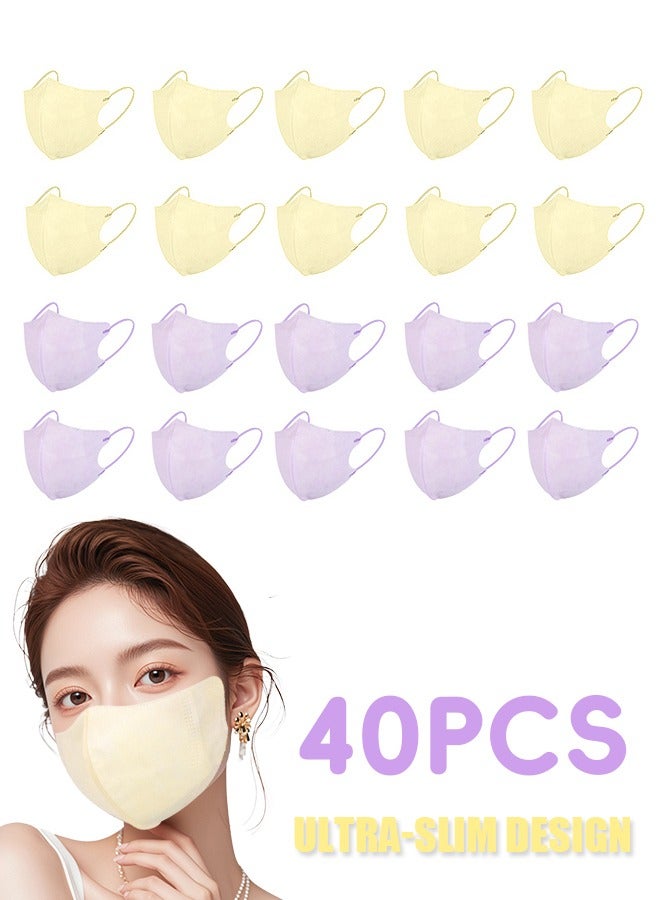 40 Pcs Individual Packs Face Masks, Breathable 3 Layer Non Woven Mask Facial Set, Metal Nose Clip Elastic Earloop Mouth Cover (Purple+Yellow) - Image 1
