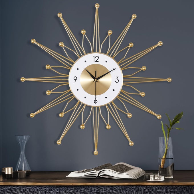 SILENT 23 INCH METAL LARGE GOLD WALL CLOCK MODERN MID CENTURY WALL CLOCKS BATTERY OPERATED ART DECO STARBURST WALL CLOCKS FOR LIVING ROOM KITCHEN OFFICE