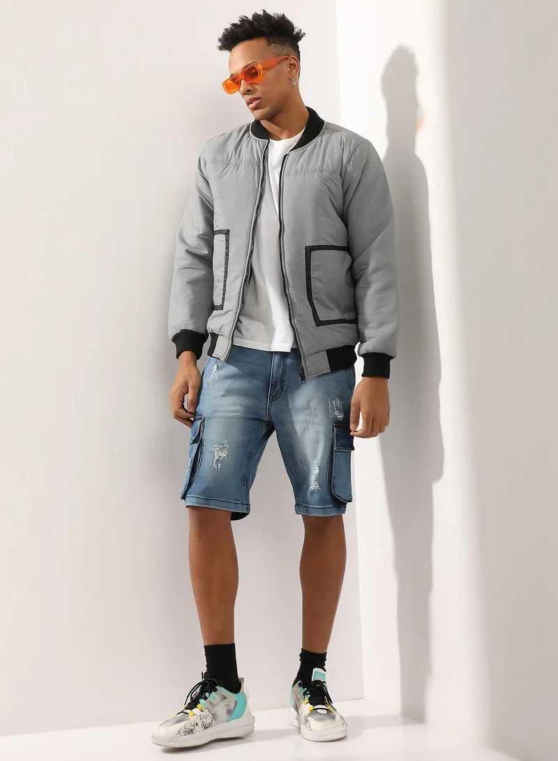 Campus Sutra Men's Light Grey Zip-Front Puffer Jacket With Contrast Detail