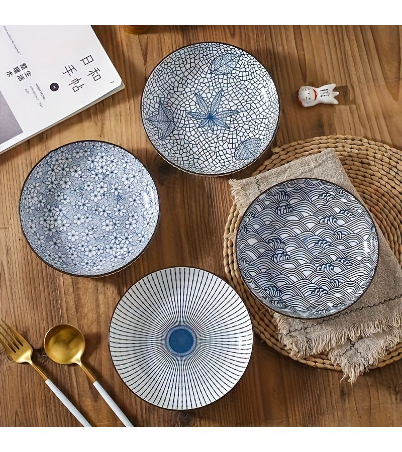 4 Piece Ceramic Round Plates Bowls Retro Patterns Holiday Dining Gifts - Image 3