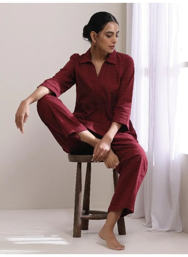 Ruby Wine Dobby Collar Short Co-Ord Set