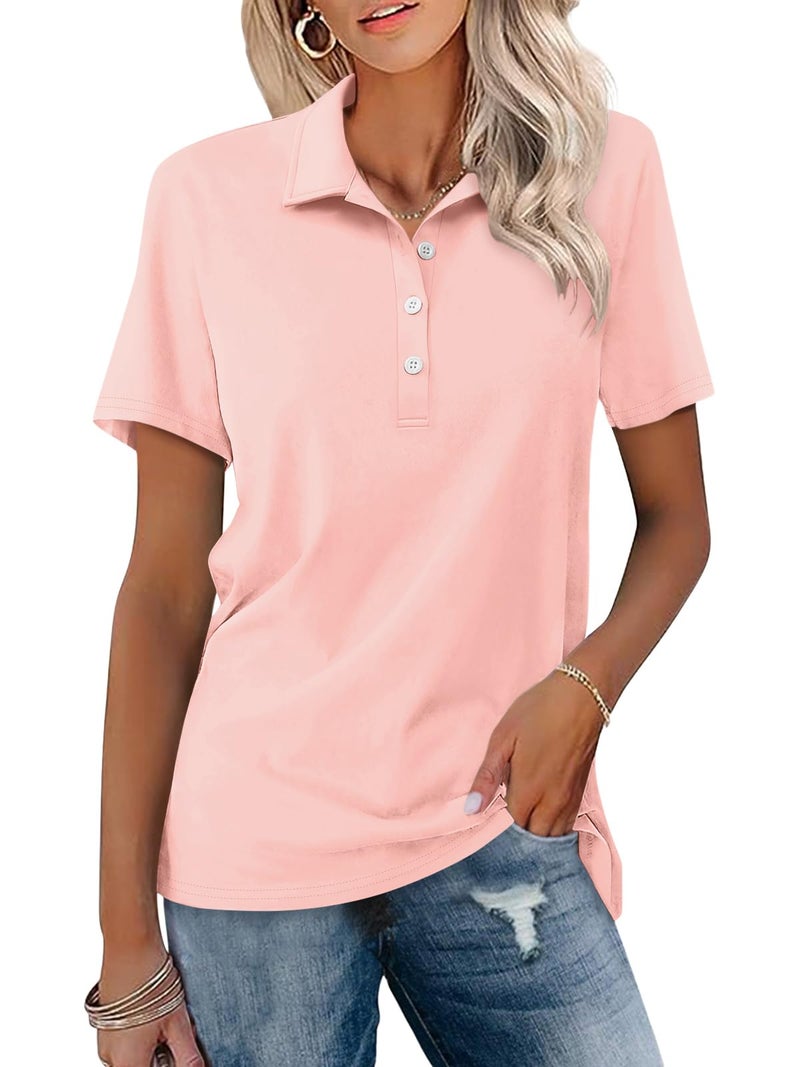 TICTICMISS Womens Polo Shirts Short Sleeve Button Lapel Collared Summer Tops Business Casual Basic Tees Pink - Image 1