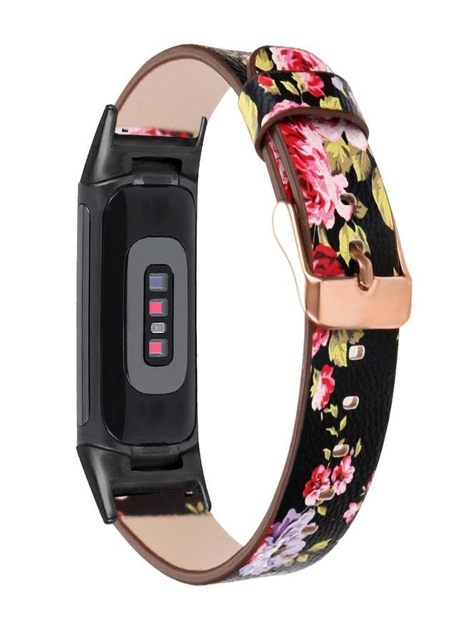 Abanen Leather Bands for Fitbit Charge 5, Floral Print Soft Leather Women Wristband Strap with Stainless Steel Quick Release Compatible with Fitbit Charge 5 (Black) - Image 1