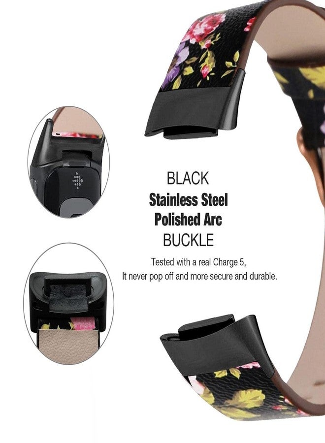 Abanen Leather Bands for Fitbit Charge 5, Floral Print Soft Leather Women Wristband Strap with Stainless Steel Quick Release Compatible with Fitbit Charge 5 (Black) - Image 3