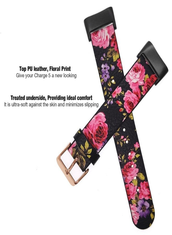 Abanen Leather Bands for Fitbit Charge 5, Floral Print Soft Leather Women Wristband Strap with Stainless Steel Quick Release Compatible with Fitbit Charge 5 (Black) - Image 2