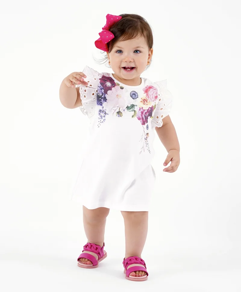 Bonfino Bonfino 100% Cotton Interlock Half Sleeves Floral Print Frock - OffWhite