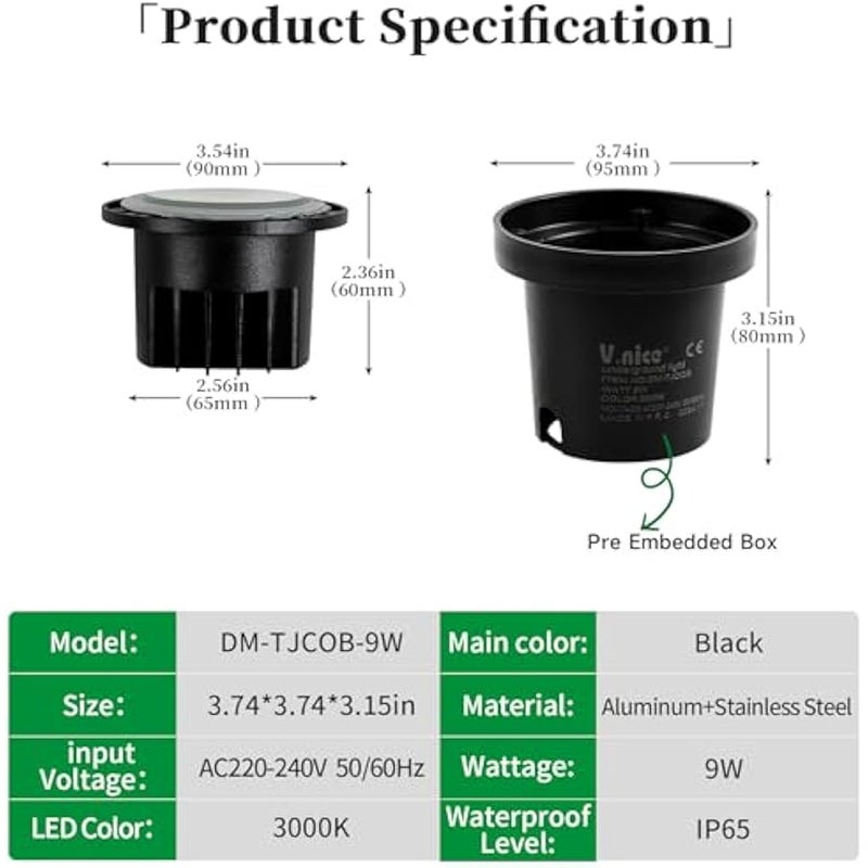V.nice 9W LED In-Ground Landscape Lights,Waterproof Outdoor Garden Well Lights, 220 -240 Voltage Wired Uplights for Deck, Patio, Yard, Pathway(9W) - Image 3