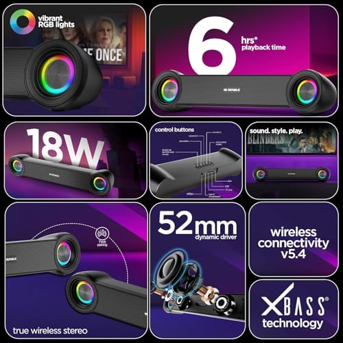 Nu Republic Partybox 180 with 18W Output, Upto 6 Hrs Playtime, 52mm Dynamic Driver, Vibrant RGB Light Bluetooth Soundbar (Black) - Image 3