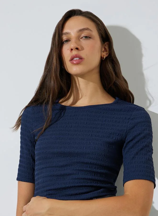 Styli Navy Blue Textured Short Sleeve Knit Top