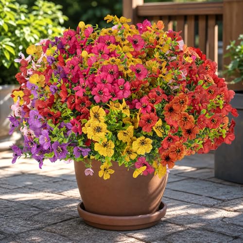 CLEANGOR 12 Bundles Artificial Flowers for Outdoors UV Resistant Artificial Outdoor Plants Fake Daisy with Eucalyptus Leaves for Spring Summer Garden Porch Window Box Home Decor 6 Color - Image 1