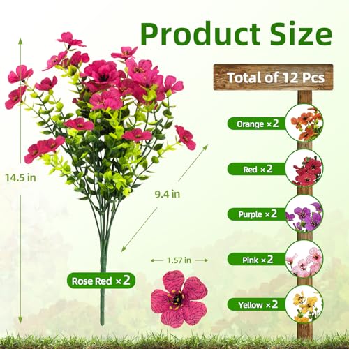 CLEANGOR 12 Bundles Artificial Flowers for Outdoors UV Resistant Artificial Outdoor Plants Fake Daisy with Eucalyptus Leaves for Spring Summer Garden Porch Window Box Home Decor 6 Color - Image 3
