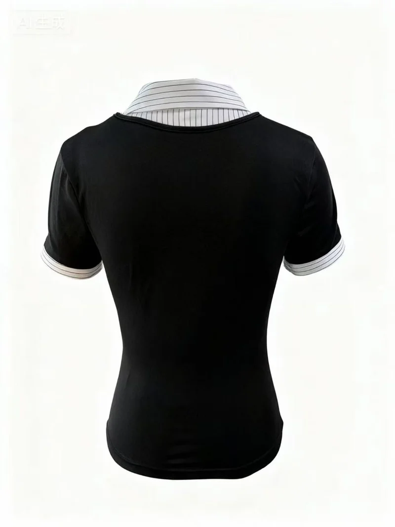 Outzidr  White Short Sleeve Contrast Collar Fitted Top for Women | Best Price UAE