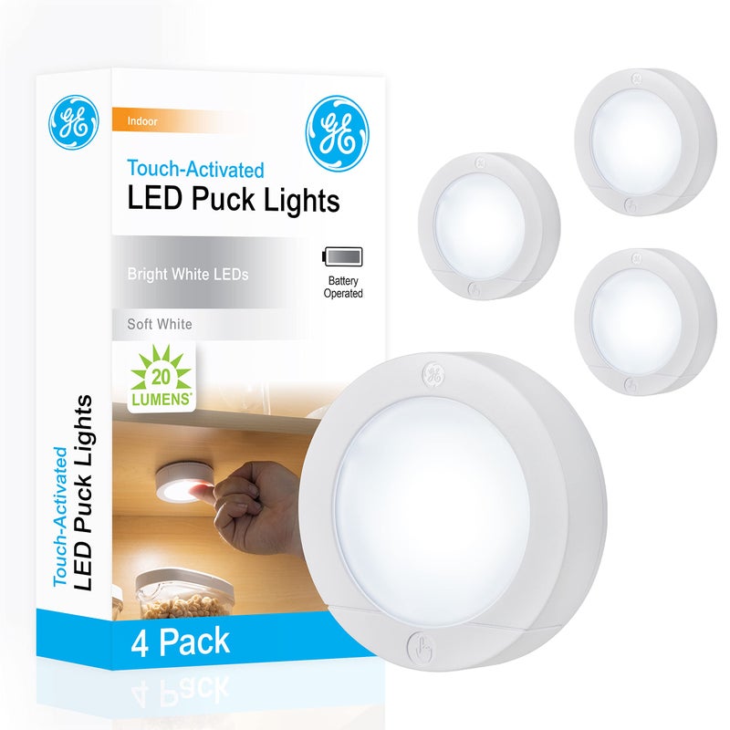GE Wireless LED Puck Lights, Battery Operated, 20 Lumens, Touch Light, Tap Light, Stick On Lights, Under Cabinet Lighting, Ideal for Kitchen Cabinets, Closets, Garage and More, 4 Pack, 45997 - Image 1
