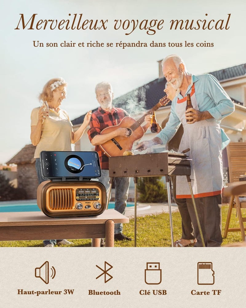 PRUNUS J-150 Portable Radio Vintage Wood FM/AM/SW,Mini Retro Bluetooth Radiolina,Solar Radio with 1200mAh Rechargeable Battery,Portable Radio Pile,Supports TF/AUX/USB,for Home,Kitchen,Table - Image 4