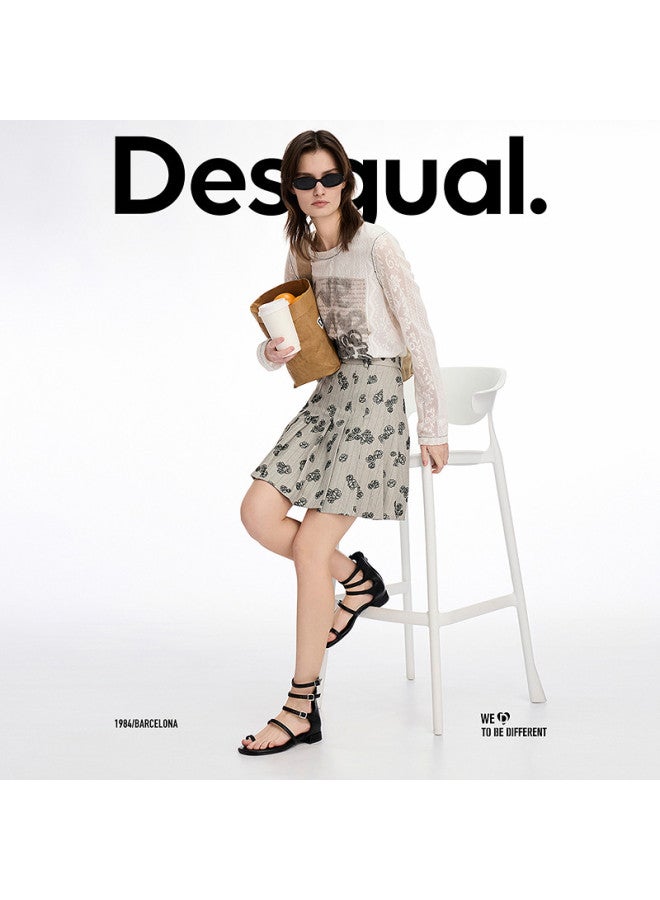 DESIGUAL ss25 Flocked Floral Stripe Design Pleated Midi Skirt - Image 5