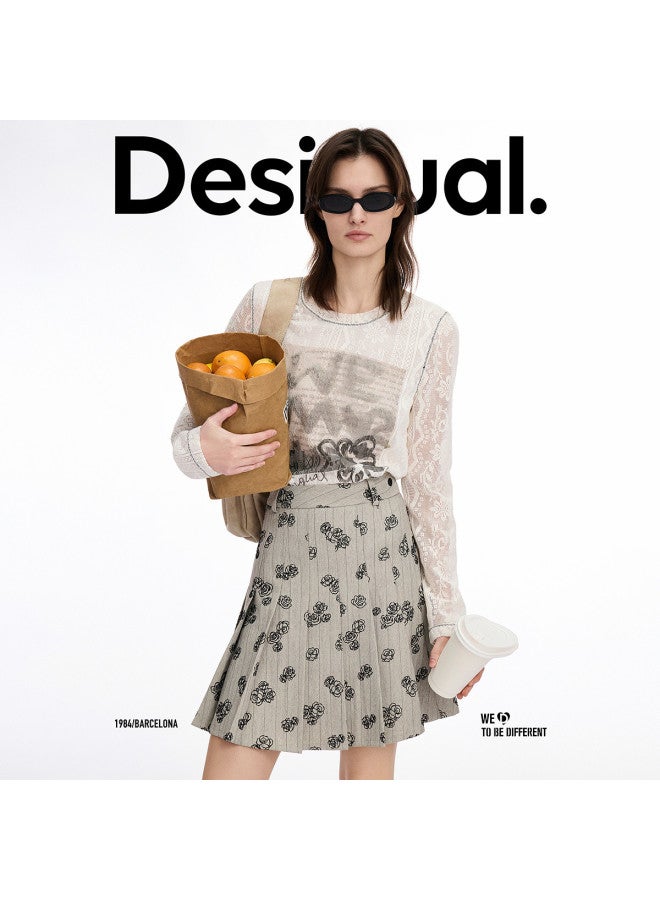 DESIGUAL ss25 Flocked Floral Stripe Design Pleated Midi Skirt - Image 4
