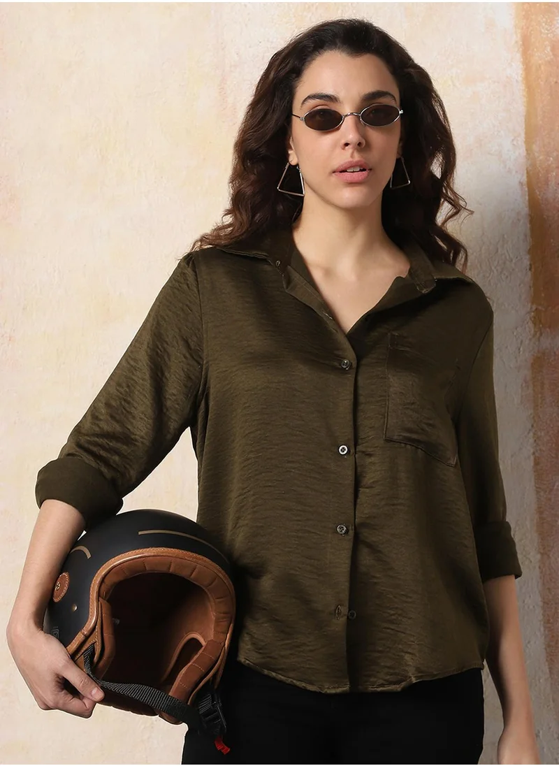 HIGH STAR Stay effortlessly stylish with this comfortable Dark Olive Boxy Fit Shirts Solid design crafted from 100% Polyester featuring Long Sleeves with Button closure.