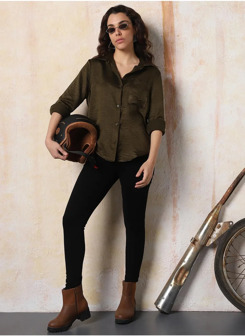 هاي ستار Stay effortlessly stylish with this comfortable Dark Olive Boxy Fit Shirts Solid design crafted from 100% Polyester featuring Long Sleeves with Button closure.