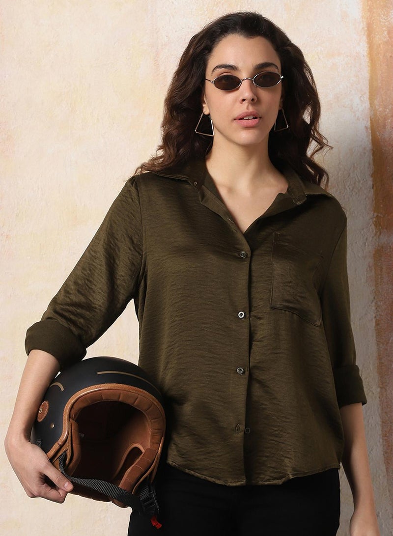 HIGH STAR Women's Dark Olive 100% Polyester Solid Pattern Button Down Boxy Shirt  - Image 1