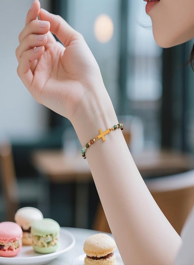 KSQS Religious Cross Bracelet for Women, 18K Gold Plated Sideways Healing Natural Stone Bead Chain Faith Jewelry, Religious & Christian Confirmation Baptism and Easter Encouragement Gifts(#13) - Image 4