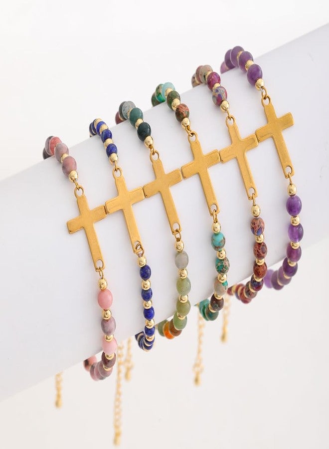 KSQS Religious Cross Bracelet for Women, 18K Gold Plated Sideways Healing Natural Stone Bead Chain Faith Jewelry, Religious & Christian Confirmation Baptism and Easter Encouragement Gifts(#13) - Image 3