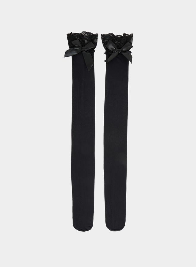 Styli Knee High Solid Mesh Stockings with Lace Edge and Big Satin Bow  - Image 4