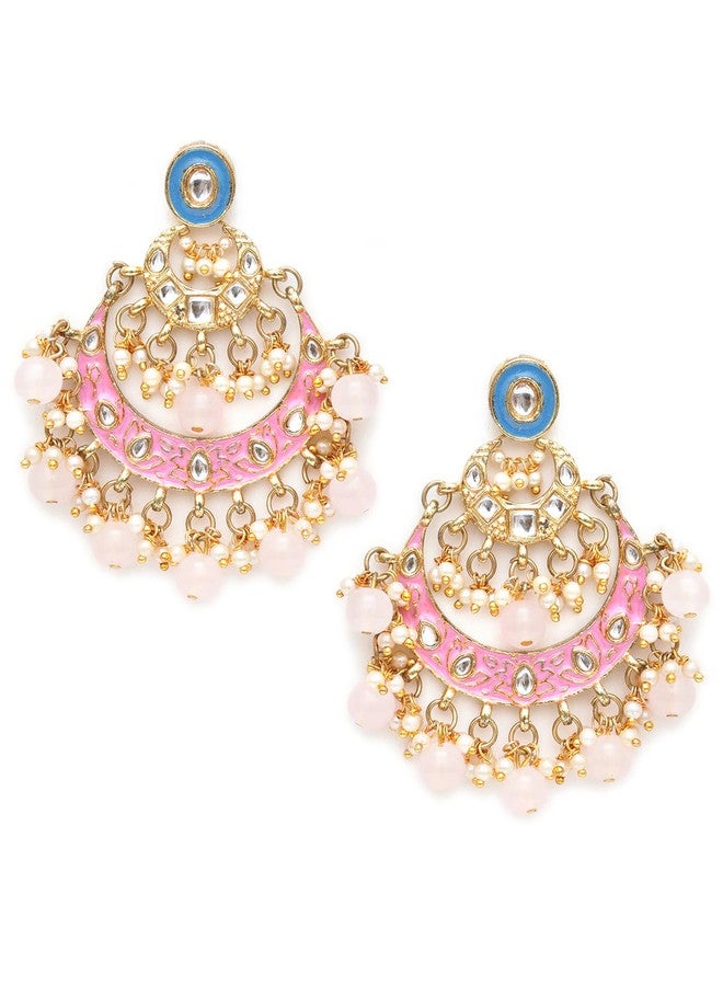 Karatcart Gold Plated Pink and Blue Meena Kundan Chandbali Earrings for Women - Image 1
