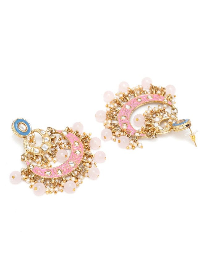 Karatcart Gold Plated Pink and Blue Meena Kundan Chandbali Earrings for Women - Image 4