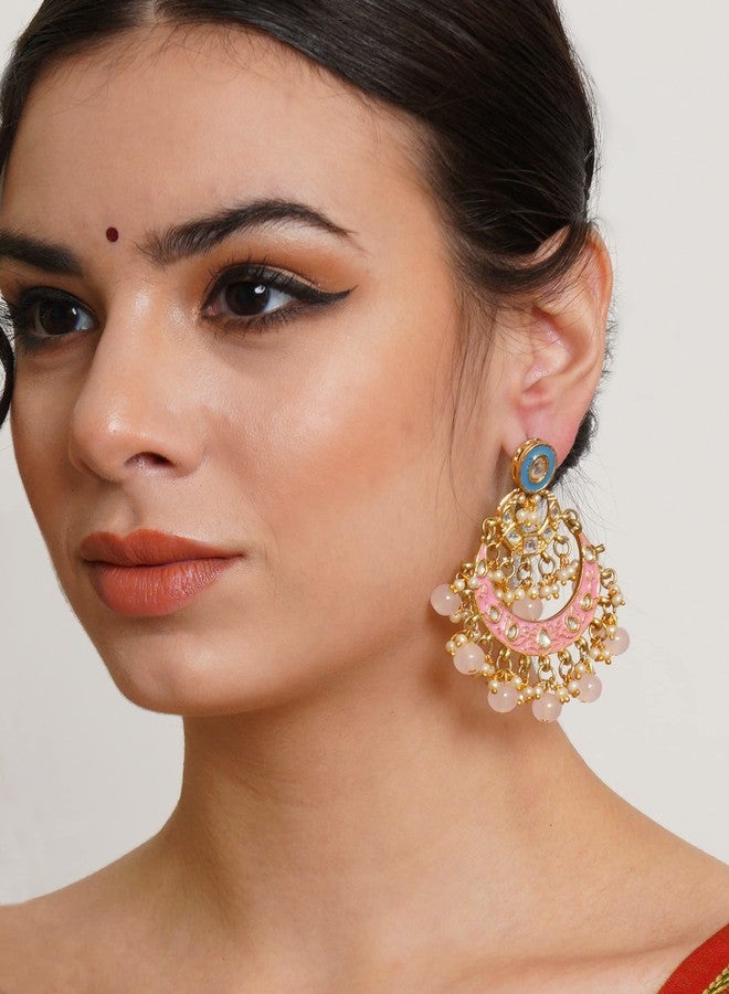 Karatcart Gold Plated Pink and Blue Meena Kundan Chandbali Earrings for Women - Image 2