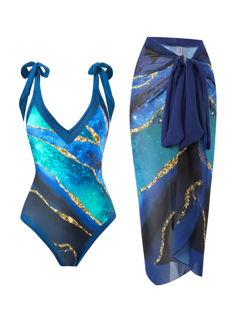 Generic - 2pcs one piece swimsuit lace up swimsuit maxi skirt swimsuit set - Image 1