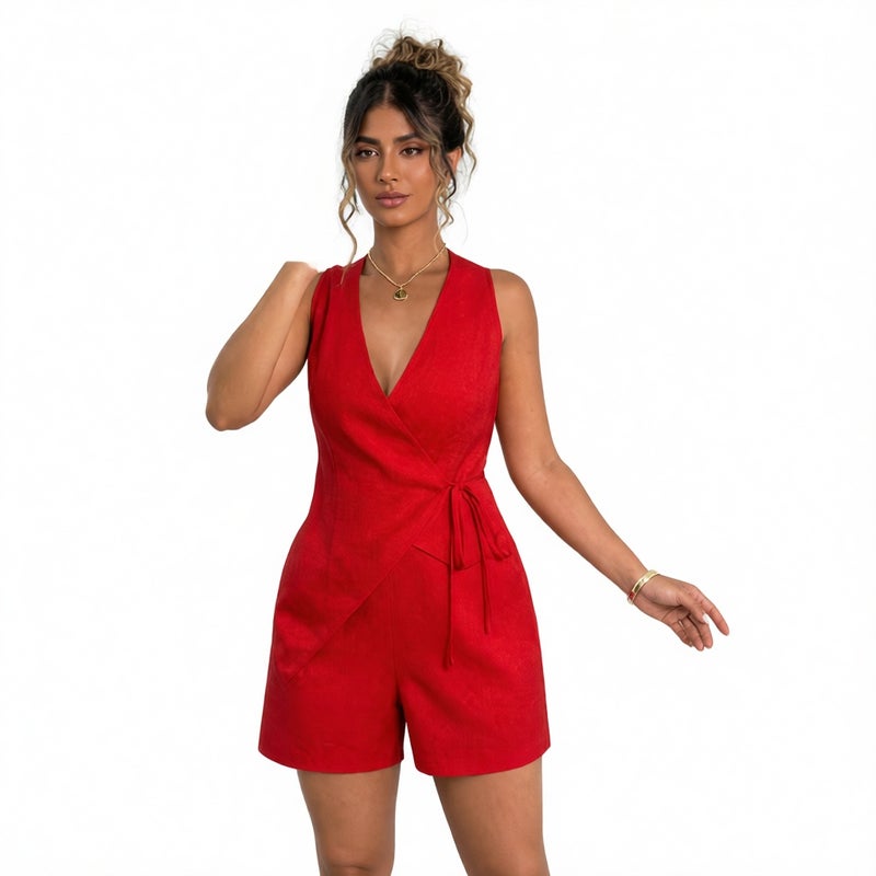 Plus Size Vintage Sleeveless Irregular Hem Tie Vest Shorts Two-Piece Set