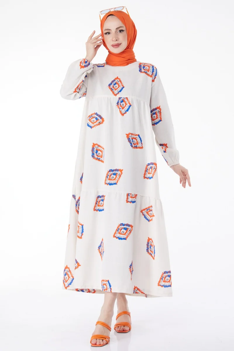 Tofisa Plain Crew Neck Women's Orange Patterned Dress - 13151