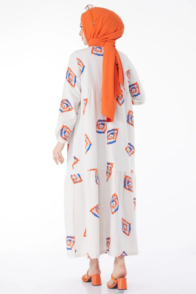 Tofisa Plain Crew Neck Women's Orange Patterned Dress - 13151
