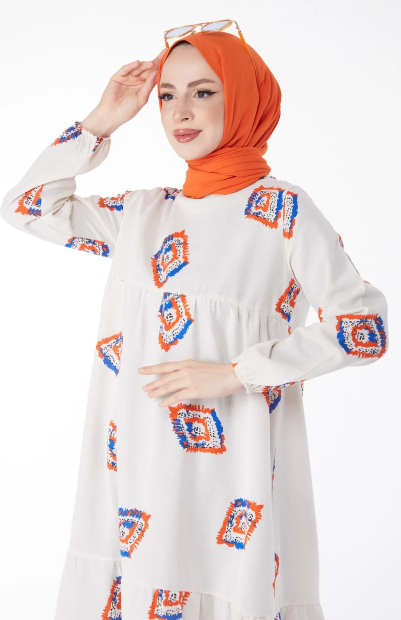 Tofisa Plain Crew Neck Women's Orange Patterned Dress - 13151