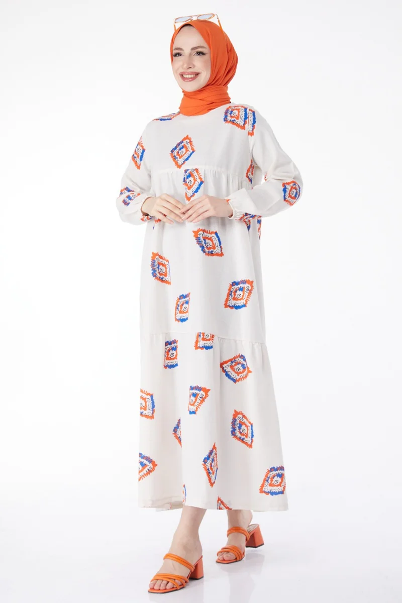 Tofisa Plain Crew Neck Women's Orange Patterned Dress - 13151