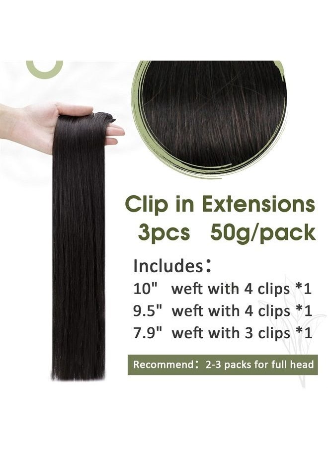 RUNATURE Black Clip in Hair Extensions Real Human Hair 10 Inch Off Black Hair Extensions Clip in Human Hair Straight Double Weft Clip on Extensions for Black Women 50g 3 Pieces  - Image 2