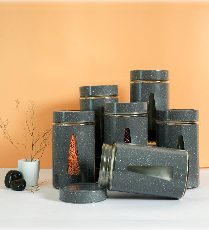 Femora Borosilicate Glass Triangular Shape Window with Carbon Steel Body Glass Jars | 1 Year Warranty | Airtght | Jars for Snacks, Fry Food, Masala, Spice, Pickles, Cookies |1000 ML | Set Of 6 | Grey - Image 2
