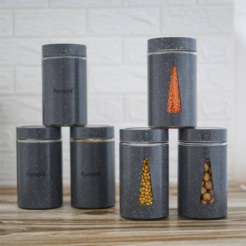 Femora Borosilicate Glass Triangular Shape Window with Carbon Steel Body Glass Jars | 1 Year Warranty | Airtght | Jars for Snacks, Fry Food, Masala, Spice, Pickles, Cookies |1000 ML | Set Of 6 | Grey - Image 1