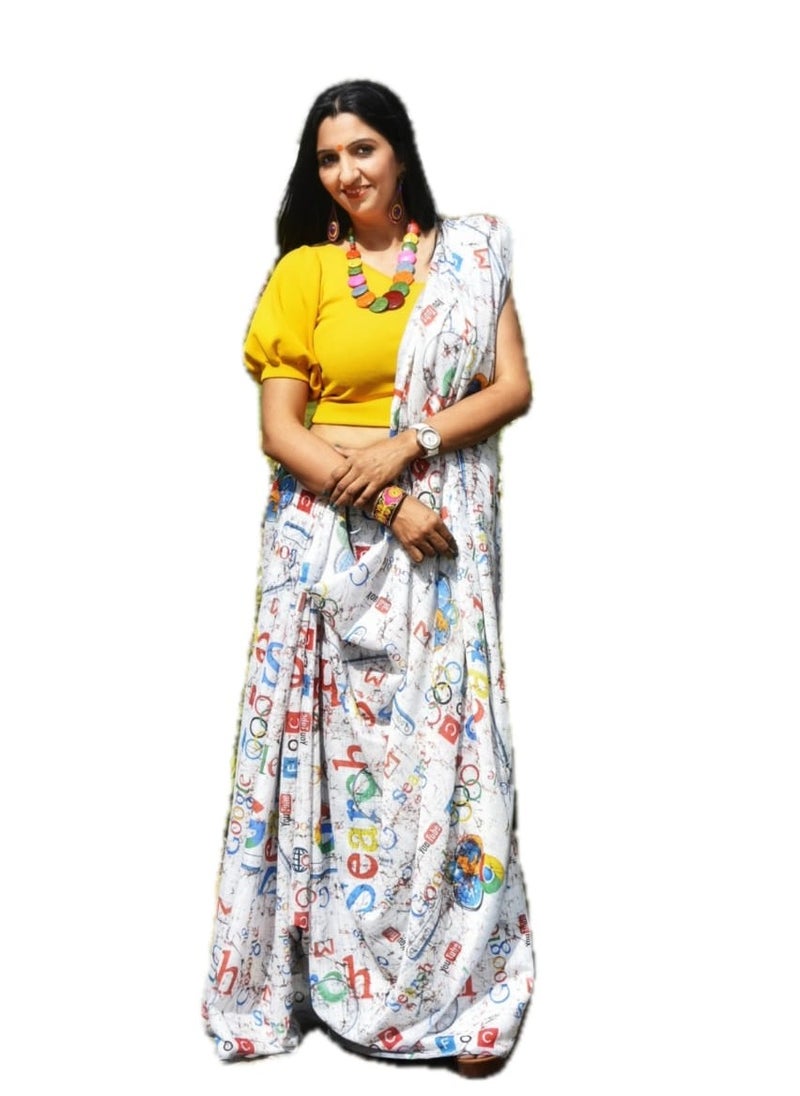 Grab Mantra White Linen Saree With Colourful Print Plus Unstitched Blouse  - Image 1