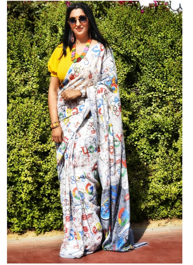 Grab Mantra White Linen Saree With Colourful Print Plus Unstitched Blouse  - Image 2