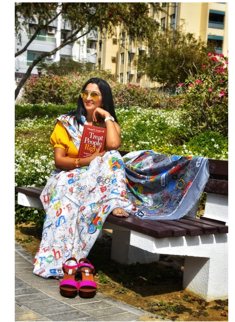 Grab Mantra White Linen Saree With Colourful Print Plus Unstitched Blouse  - Image 3