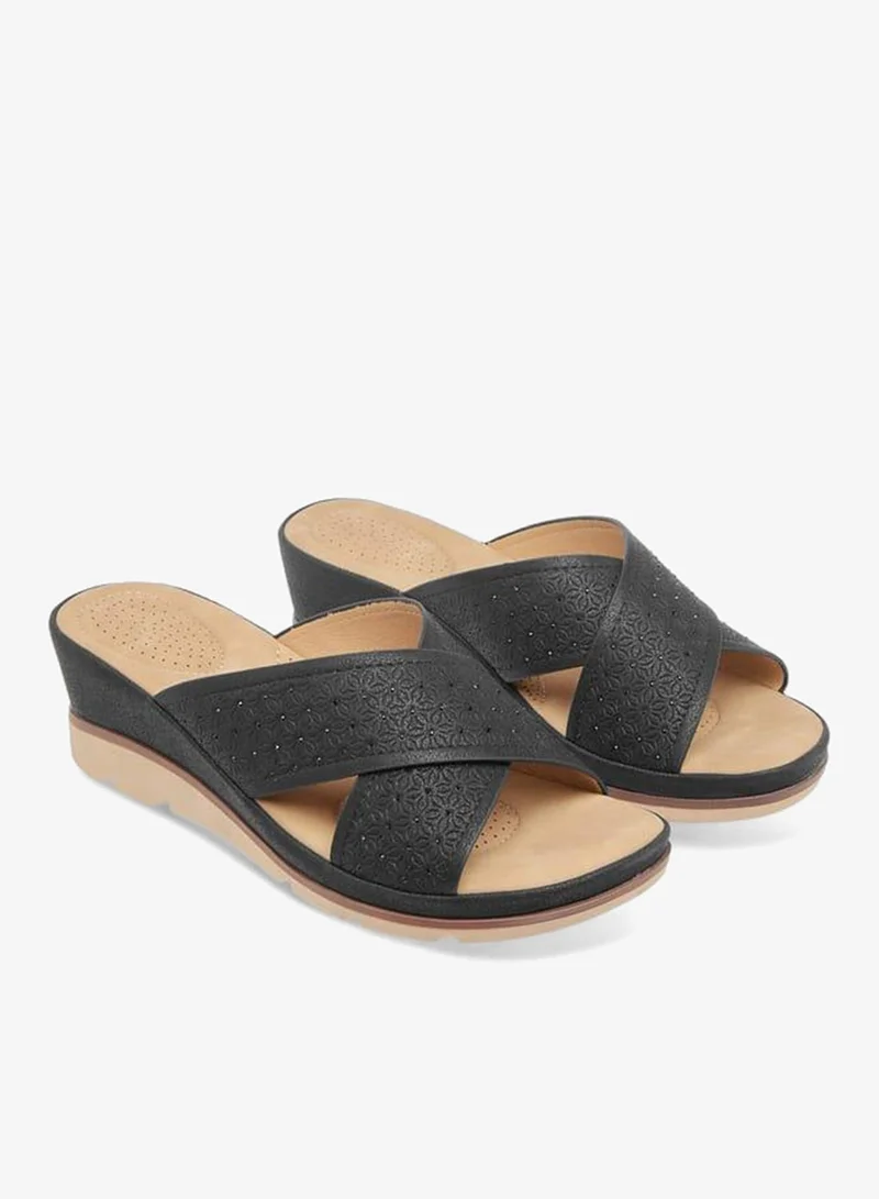 لو كونفورت صنادل نسائية بنعل ويدج بنقوش زهور ملمس
