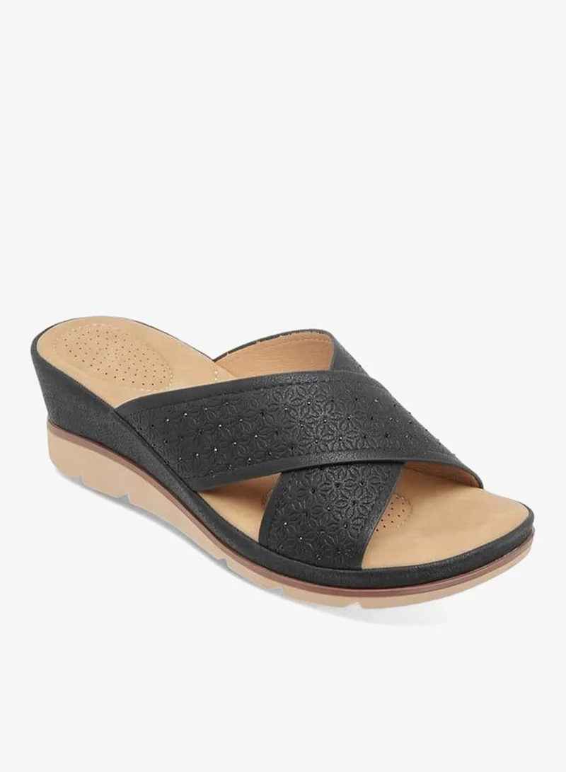 Le Confort BLACK Women Floral Textured Slip-On Sandals with Wedge Heels for Women | Best Price UAE