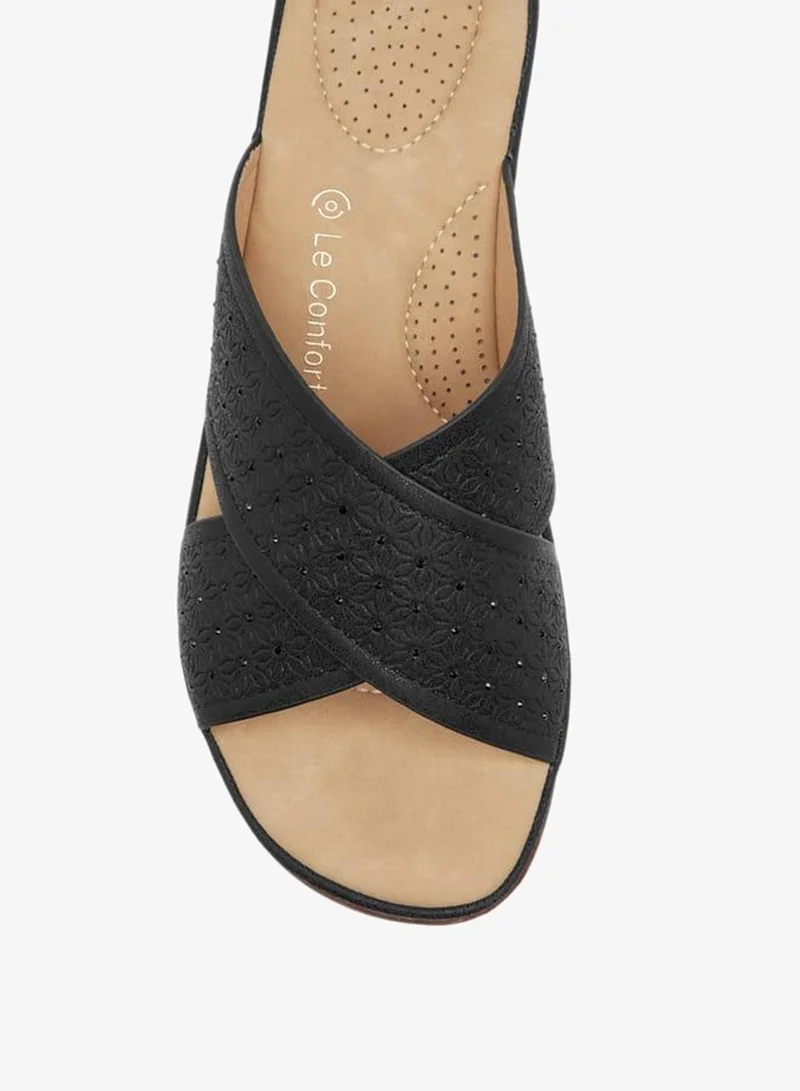 Le Confort BLACK Women Floral Textured Slip-On Sandals with Wedge Heels for Women | Best Price UAE
