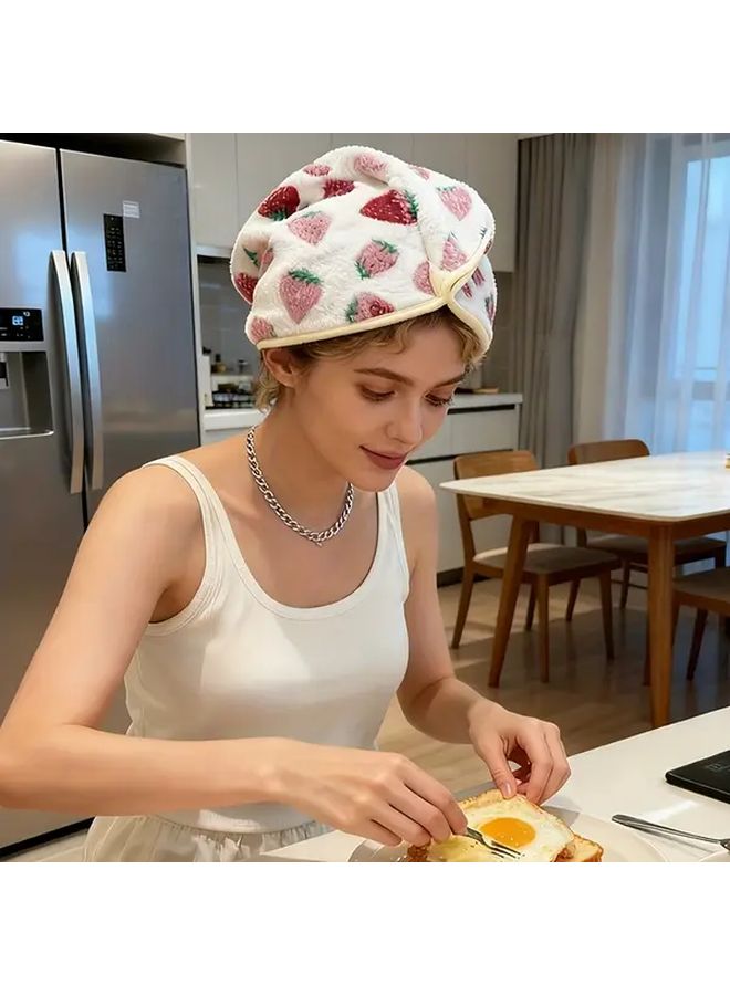 Strawberry Pattern Ultra Absorbent Hair Drying Cap For Women Quick Dry Soft Coral Fleece Thickened - Image 2