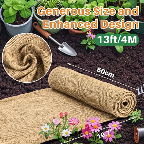 RAINFLOW Burlap Fabric Roll - Natural Gardening Burlap Roll 13 Feet x 19.7" Multipurpose Jute Fabric for Boho Wedding Decor Outdoor Weed Barrier Tree Trunk Wrap Farmhouse Table Decor for Crafts - Image 2