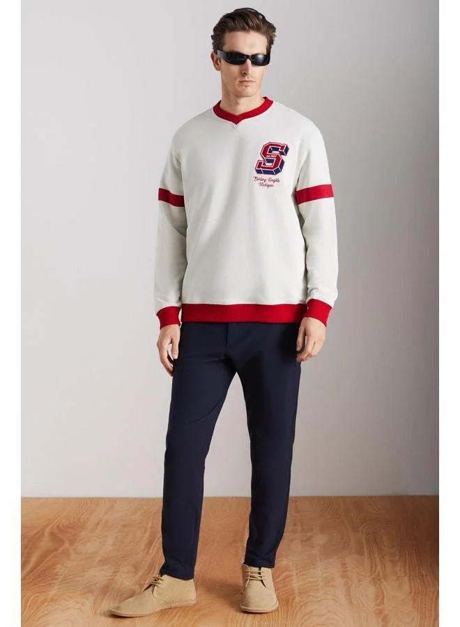 GRIMELANGE Reynon Men's V-Neck Appliqué Organic Cotton Sweatshirt with Lining, Soft Stone-Color V-Neck.