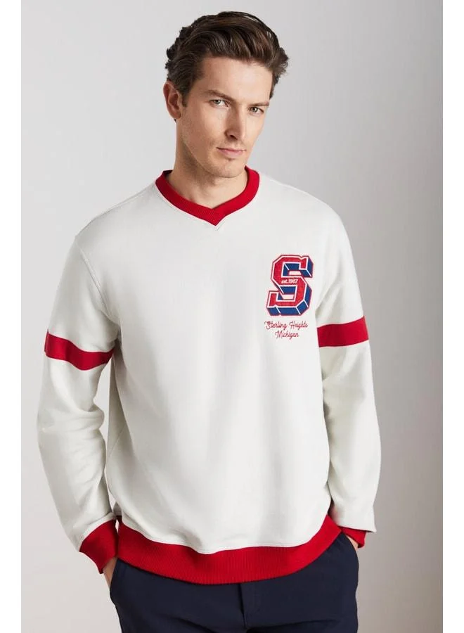 GRIMELANGE Reynon Men's V-Neck Appliqué Organic Cotton Sweatshirt with Lining, Soft Stone-Color V-Neck.