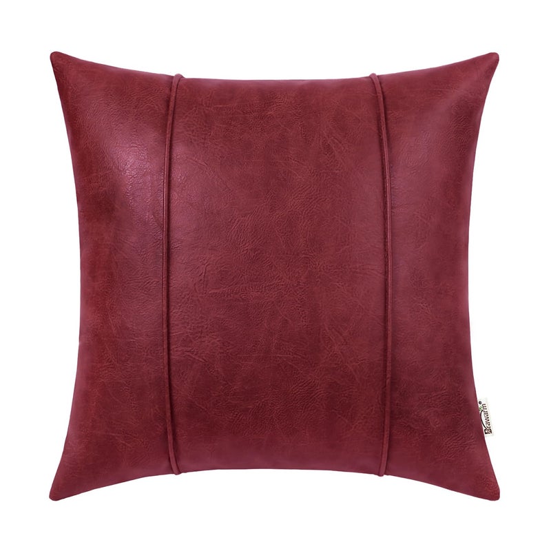 BRAWARM Burgundy Leather Throw Pillow Covers 16 X 16 Inches Faux Leather Pillow Cover with Piping Hand Stitched Leather Throw Pillow for Couch Sofa Bed Living Room Home Decorative